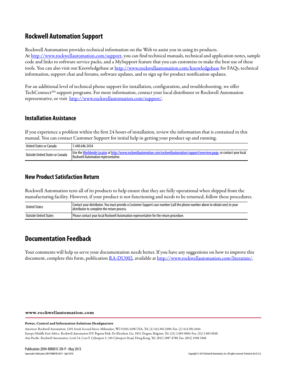 Back cover, Rockwell automation support, Documentation feedback | Installation assistance, New product satisfaction return | Rockwell Automation 2094-EN02D-M01-S1 Kinetix 6200 and Kinetix 6500 Safe Speed Monitoring Safety Reference Manual User Manual | Page 156 / 156