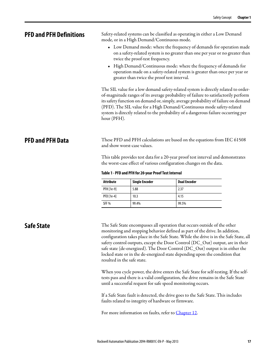 Pfd and pfh definitions, Pfd and pfh data, Safe state | Rockwell Automation 2094-EN02D-M01-S1 Kinetix 6200 and Kinetix 6500 Safe Speed Monitoring Safety Reference Manual User Manual | Page 17 / 156