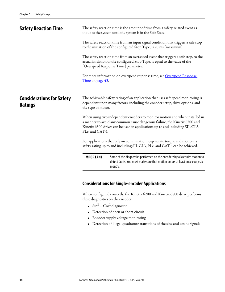 Safety reaction time, Considerations for safety ratings, Considerations for single-encoder applications | Rockwell Automation 2094-EN02D-M01-S1 Kinetix 6200 and Kinetix 6500 Safe Speed Monitoring Safety Reference Manual User Manual | Page 18 / 156