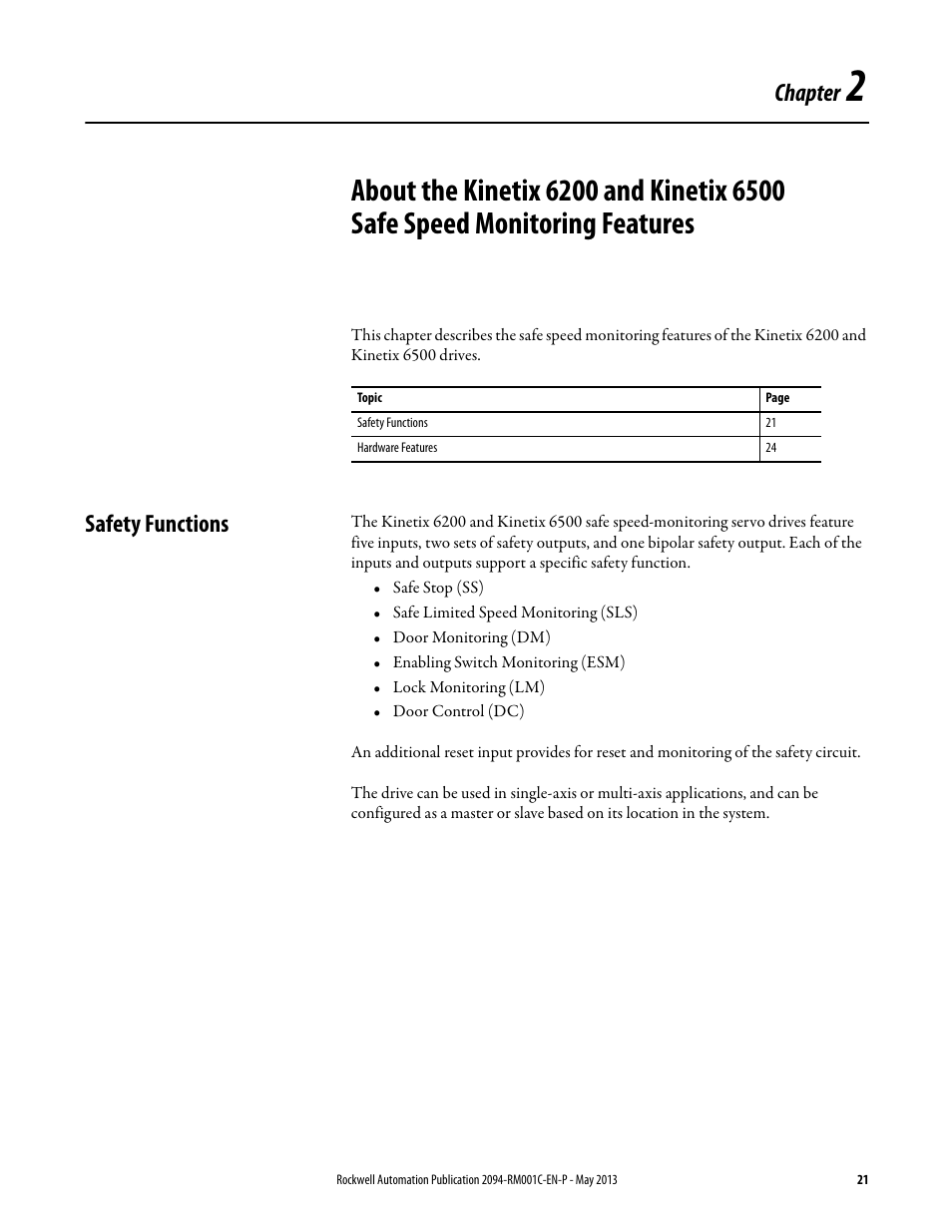 Safety functions, Chapter 2, Chapter | Rockwell Automation 2094-EN02D-M01-S1 Kinetix 6200 and Kinetix 6500 Safe Speed Monitoring Safety Reference Manual User Manual | Page 21 / 156