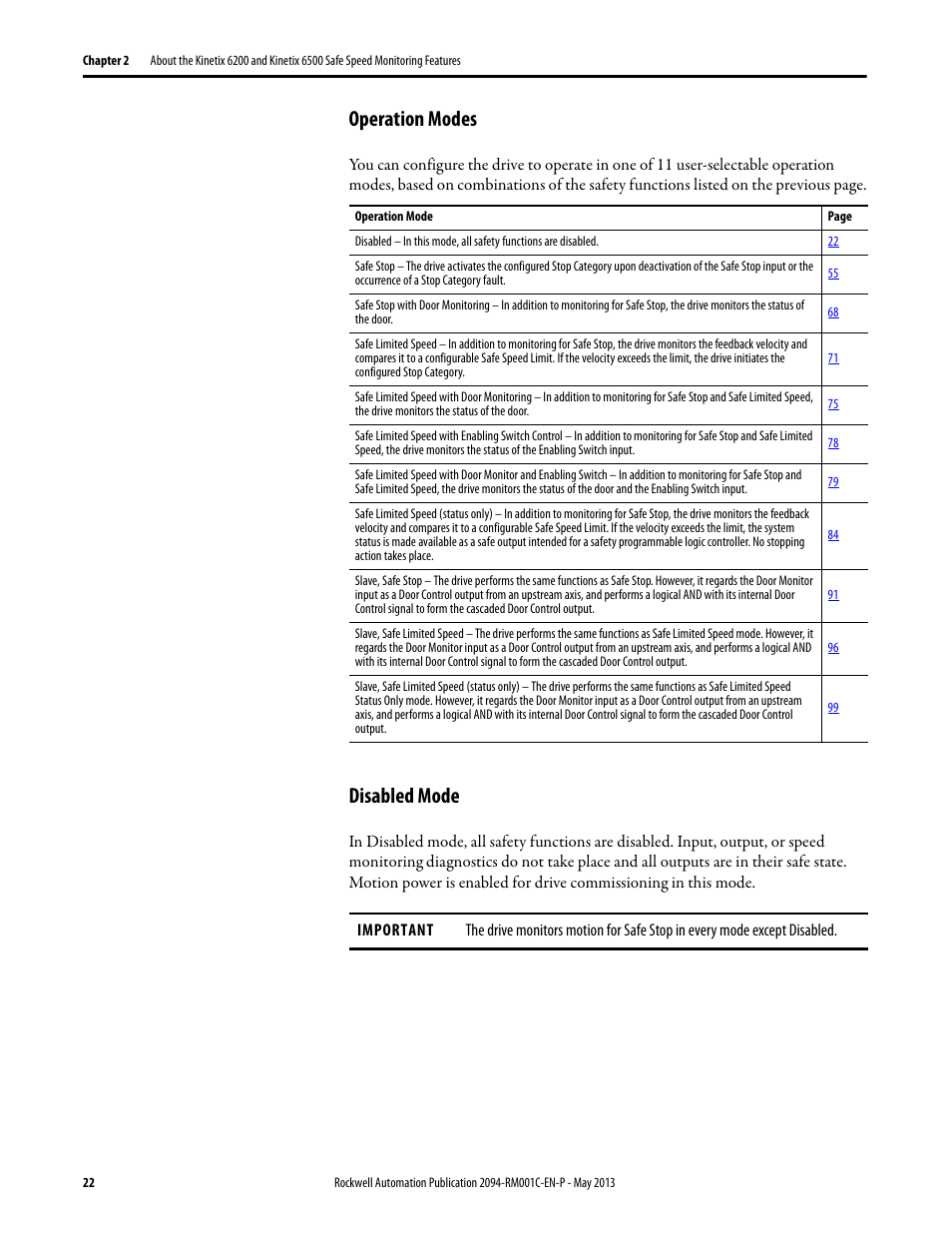 Operation modes, Disabled mode, Operation modes disabled mode | Rockwell Automation 2094-EN02D-M01-S1 Kinetix 6200 and Kinetix 6500 Safe Speed Monitoring Safety Reference Manual User Manual | Page 22 / 156