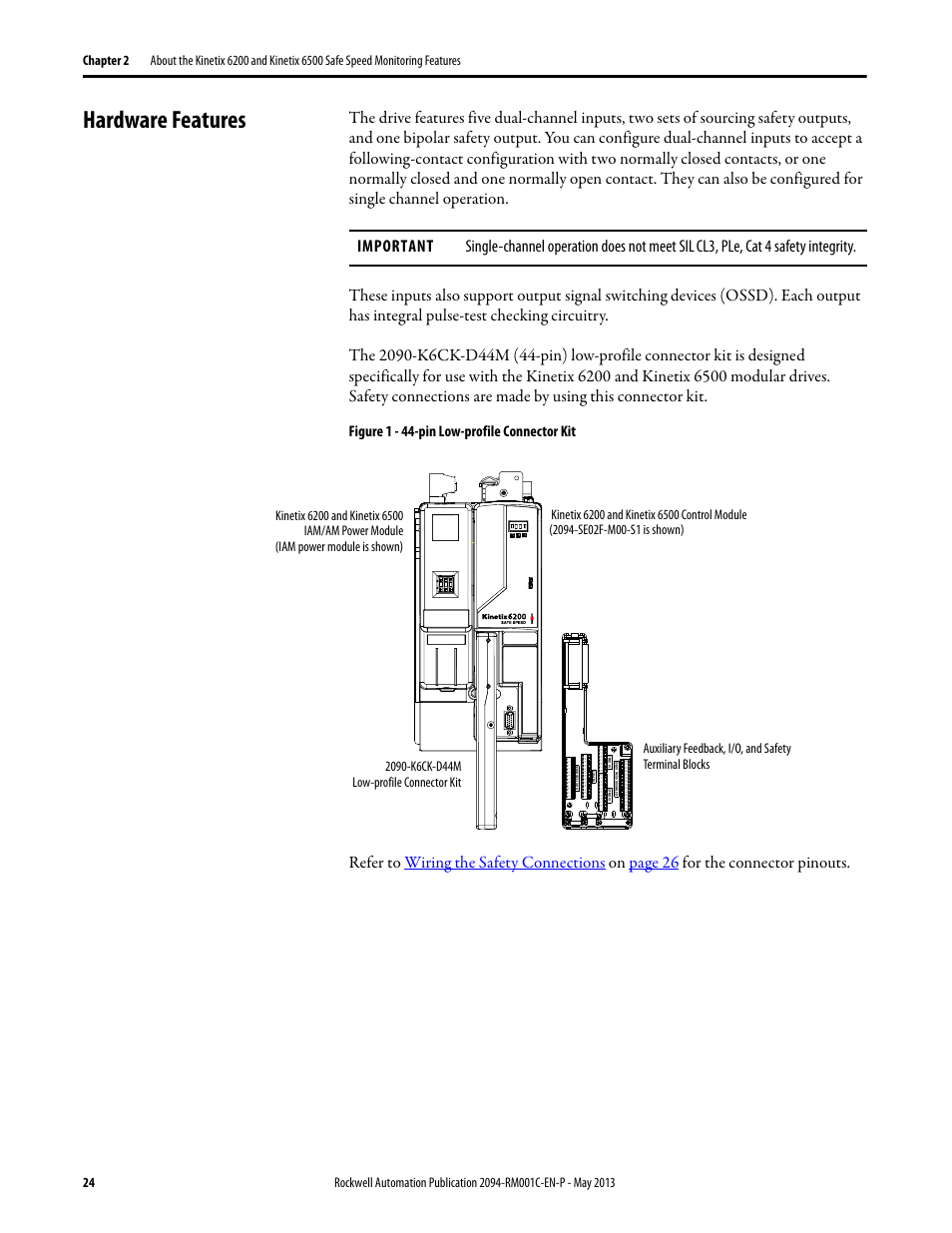 Hardware features, Figure 1 - 44-pin low-profile connector kit | Rockwell Automation 2094-EN02D-M01-S1 Kinetix 6200 and Kinetix 6500 Safe Speed Monitoring Safety Reference Manual User Manual | Page 24 / 156