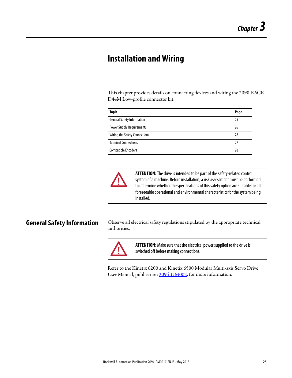 Ch 3 - installation and wiring, General safety information, Chapter 3 | Installation and wiring, Chapter | Rockwell Automation 2094-EN02D-M01-S1 Kinetix 6200 and Kinetix 6500 Safe Speed Monitoring Safety Reference Manual User Manual | Page 25 / 156