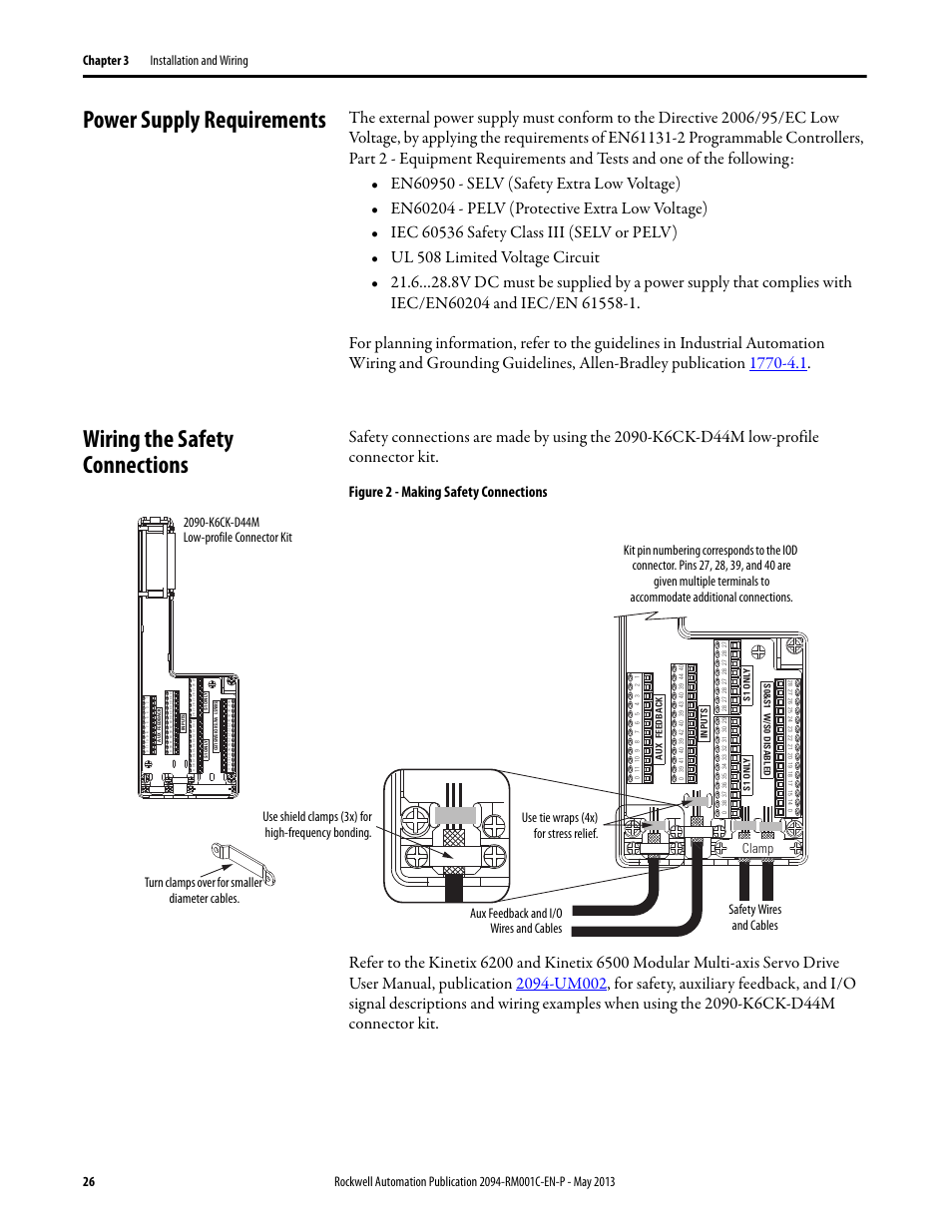 Power supply requirements, Wiring the safety connections, Figure 2 - making safety connections | Rockwell Automation 2094-EN02D-M01-S1 Kinetix 6200 and Kinetix 6500 Safe Speed Monitoring Safety Reference Manual User Manual | Page 26 / 156