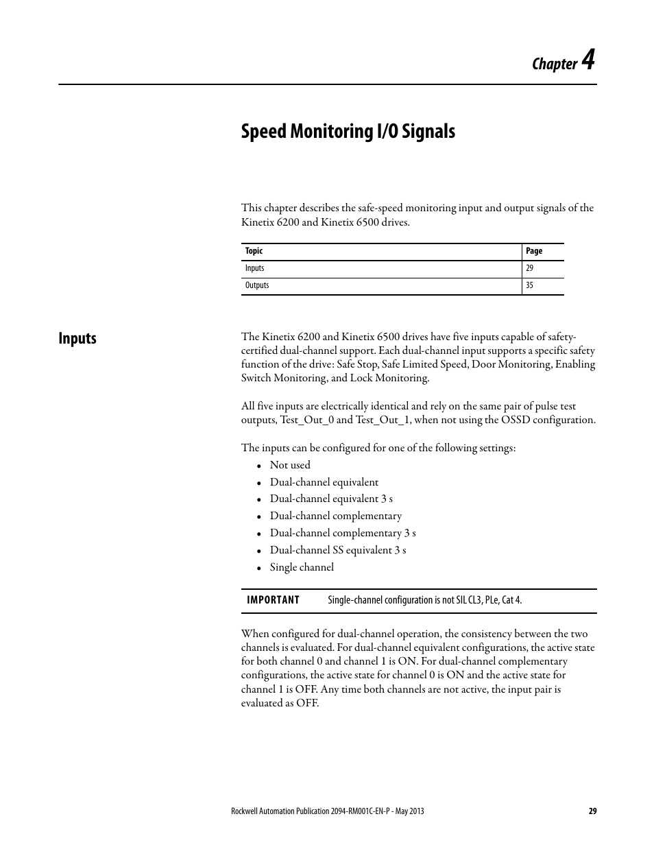 Ch 4 - speed monitoring i/o signals, Inputs, Chapter 4 | Speed monitoring i/o signals, Chapter | Rockwell Automation 2094-EN02D-M01-S1 Kinetix 6200 and Kinetix 6500 Safe Speed Monitoring Safety Reference Manual User Manual | Page 29 / 156