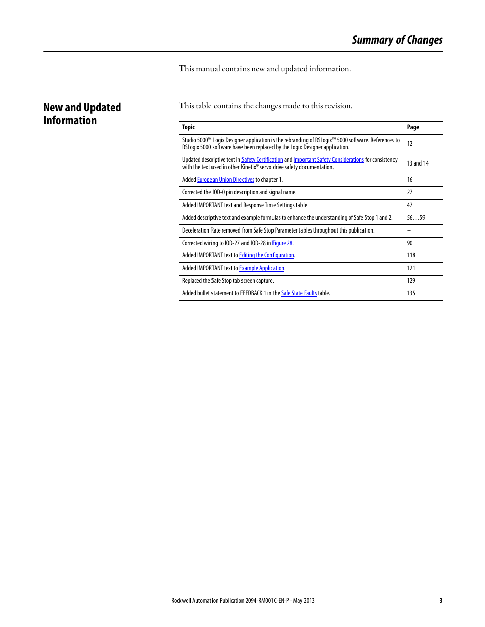 Summary of changes, New and updated information | Rockwell Automation 2094-EN02D-M01-S1 Kinetix 6200 and Kinetix 6500 Safe Speed Monitoring Safety Reference Manual User Manual | Page 3 / 156