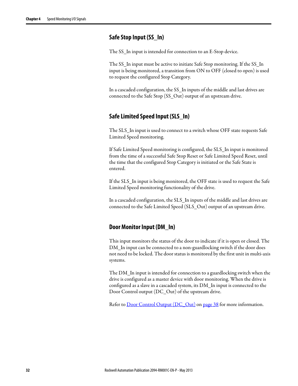 Safe stop input (ss_in), Safe limited speed input (sls_in), Door monitor input (dm_in) | Rockwell Automation 2094-EN02D-M01-S1 Kinetix 6200 and Kinetix 6500 Safe Speed Monitoring Safety Reference Manual User Manual | Page 32 / 156