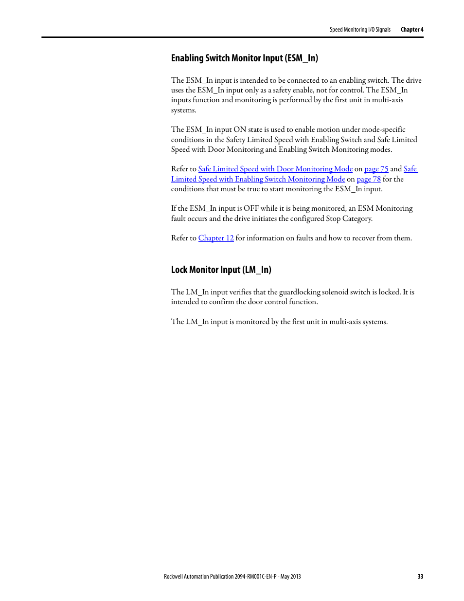 Enabling switch monitor input (esm_in), Lock monitor input (lm_in) | Rockwell Automation 2094-EN02D-M01-S1 Kinetix 6200 and Kinetix 6500 Safe Speed Monitoring Safety Reference Manual User Manual | Page 33 / 156