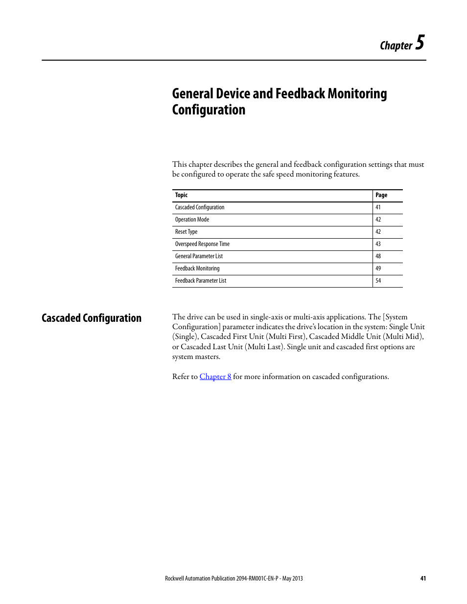 Cascaded configuration, Chapter 5, Chapter | Rockwell Automation 2094-EN02D-M01-S1 Kinetix 6200 and Kinetix 6500 Safe Speed Monitoring Safety Reference Manual User Manual | Page 41 / 156
