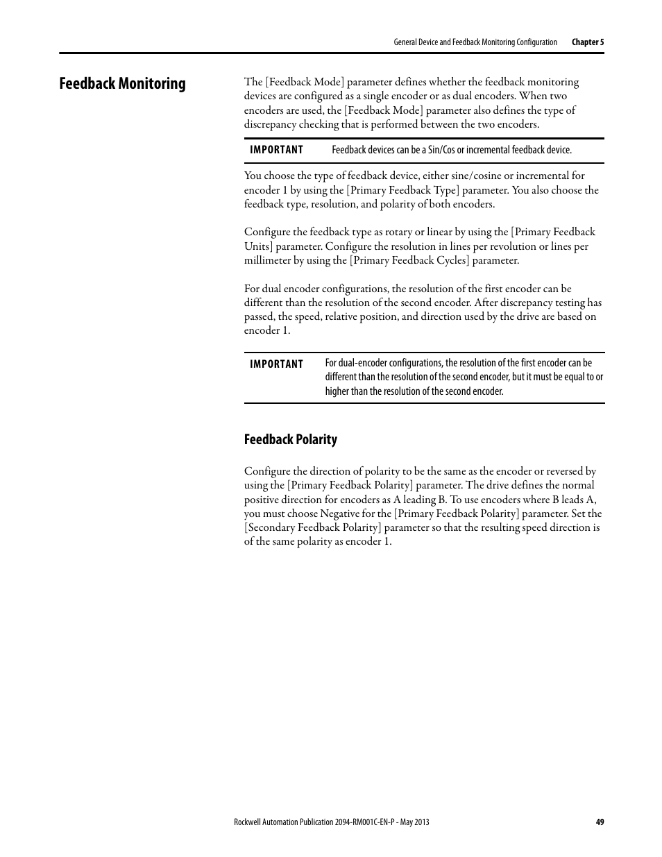 Feedback monitoring, Feedback polarity | Rockwell Automation 2094-EN02D-M01-S1 Kinetix 6200 and Kinetix 6500 Safe Speed Monitoring Safety Reference Manual User Manual | Page 49 / 156