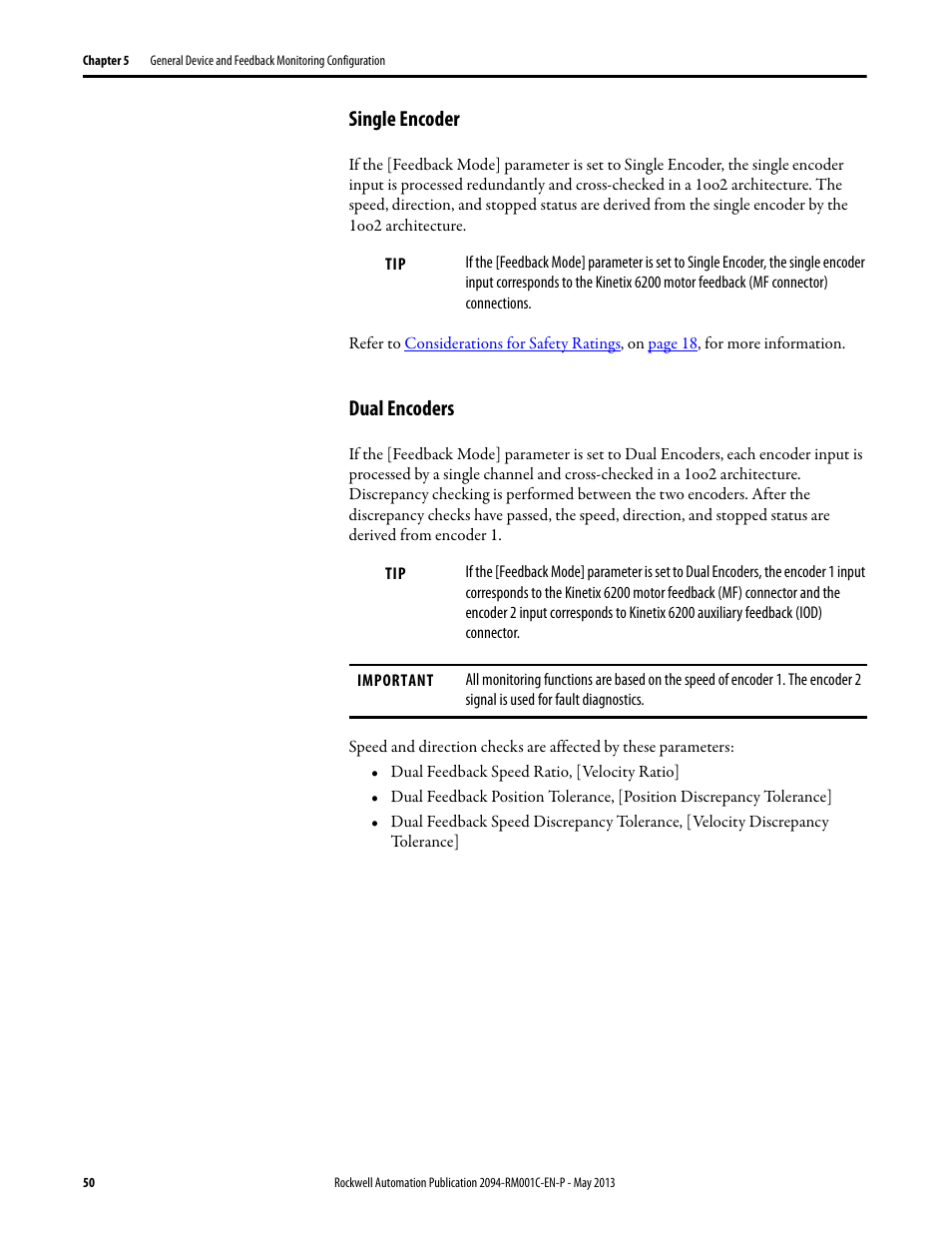 Single encoder, Dual encoders, Single encoder dual encoders | Rockwell Automation 2094-EN02D-M01-S1 Kinetix 6200 and Kinetix 6500 Safe Speed Monitoring Safety Reference Manual User Manual | Page 50 / 156