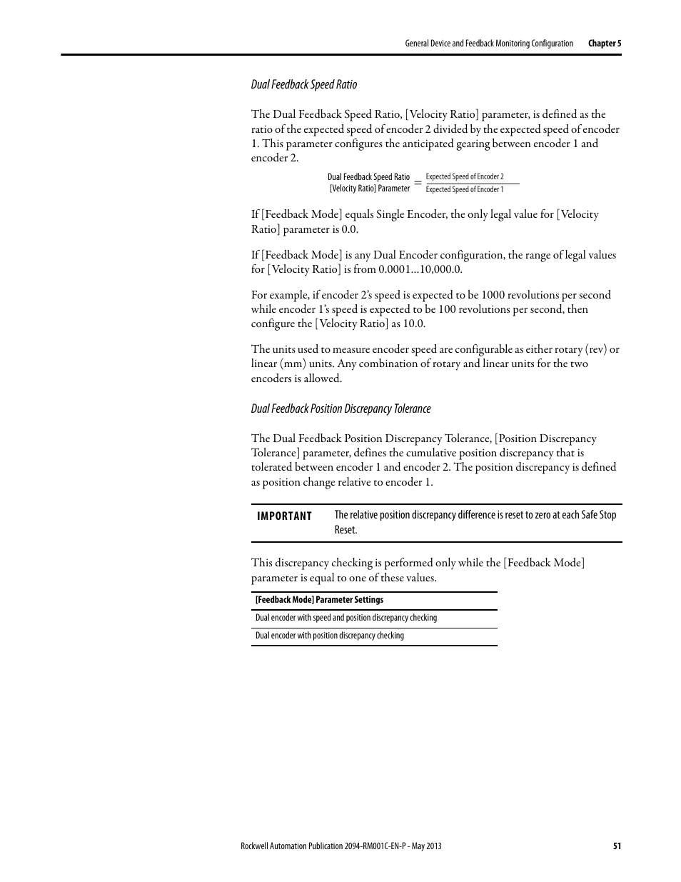 Dual feedback speed ratio, Dual feedback position discrepancy tolerance | Rockwell Automation 2094-EN02D-M01-S1 Kinetix 6200 and Kinetix 6500 Safe Speed Monitoring Safety Reference Manual User Manual | Page 51 / 156