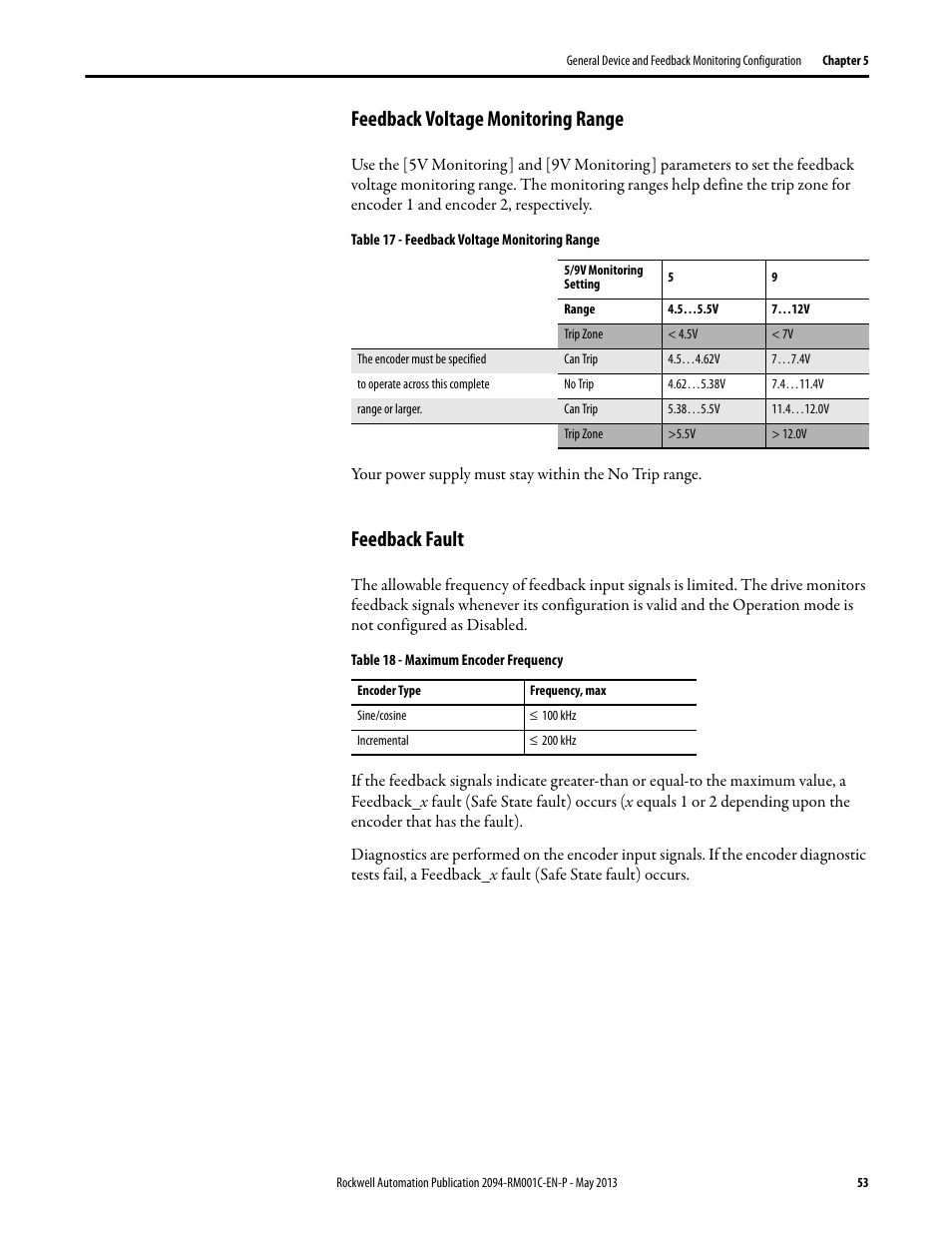 Feedback voltage monitoring range, Feedback fault, Feedback voltage monitoring range feedback fault | Rockwell Automation 2094-EN02D-M01-S1 Kinetix 6200 and Kinetix 6500 Safe Speed Monitoring Safety Reference Manual User Manual | Page 53 / 156