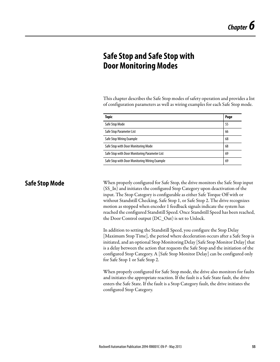 Safe stop mode, Chapter 6, Safe stop and safe stop with door monitoring modes | Chapter | Rockwell Automation 2094-EN02D-M01-S1 Kinetix 6200 and Kinetix 6500 Safe Speed Monitoring Safety Reference Manual User Manual | Page 55 / 156