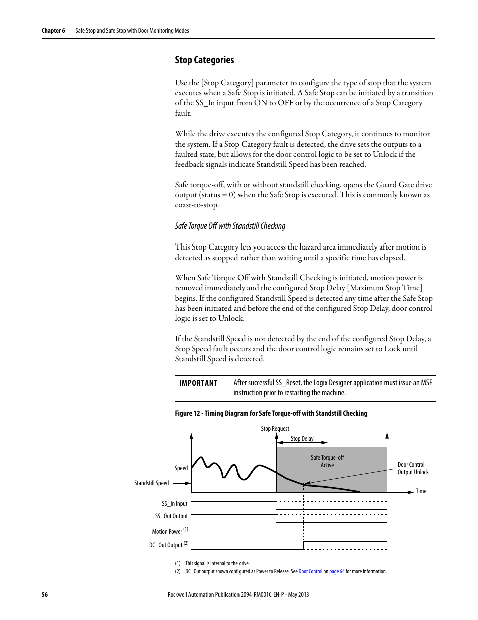 Stop categories, Safe torque off with standstill checking | Rockwell Automation 2094-EN02D-M01-S1 Kinetix 6200 and Kinetix 6500 Safe Speed Monitoring Safety Reference Manual User Manual | Page 56 / 156