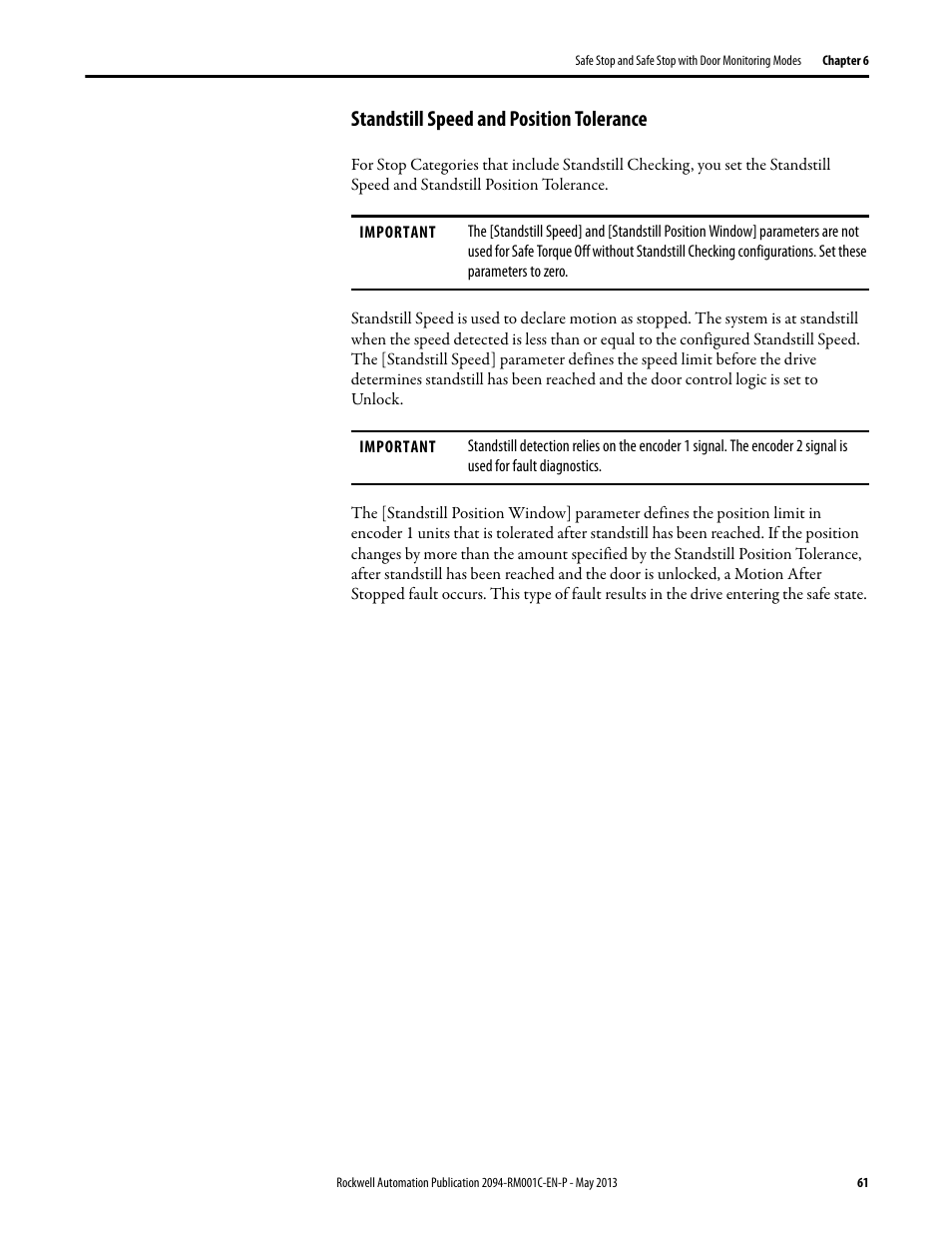 Standstill speed and position tolerance | Rockwell Automation 2094-EN02D-M01-S1 Kinetix 6200 and Kinetix 6500 Safe Speed Monitoring Safety Reference Manual User Manual | Page 61 / 156