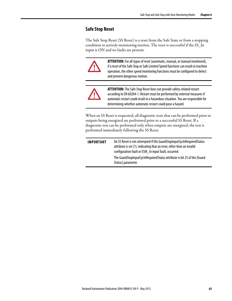 Safe stop reset | Rockwell Automation 2094-EN02D-M01-S1 Kinetix 6200 and Kinetix 6500 Safe Speed Monitoring Safety Reference Manual User Manual | Page 63 / 156