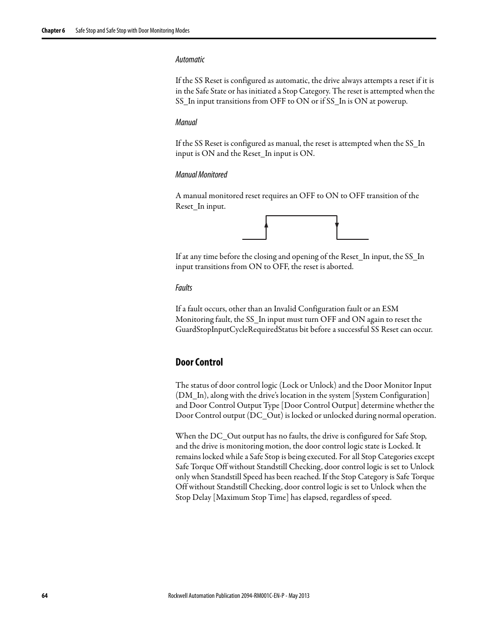 Automatic, Manual, Manual monitored | Faults, Door control, For mor | Rockwell Automation 2094-EN02D-M01-S1 Kinetix 6200 and Kinetix 6500 Safe Speed Monitoring Safety Reference Manual User Manual | Page 64 / 156