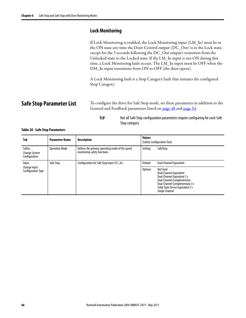 Lock monitoring, Safe stop parameter list | Rockwell Automation 2094-EN02D-M01-S1 Kinetix 6200 and Kinetix 6500 Safe Speed Monitoring Safety Reference Manual User Manual | Page 66 / 156