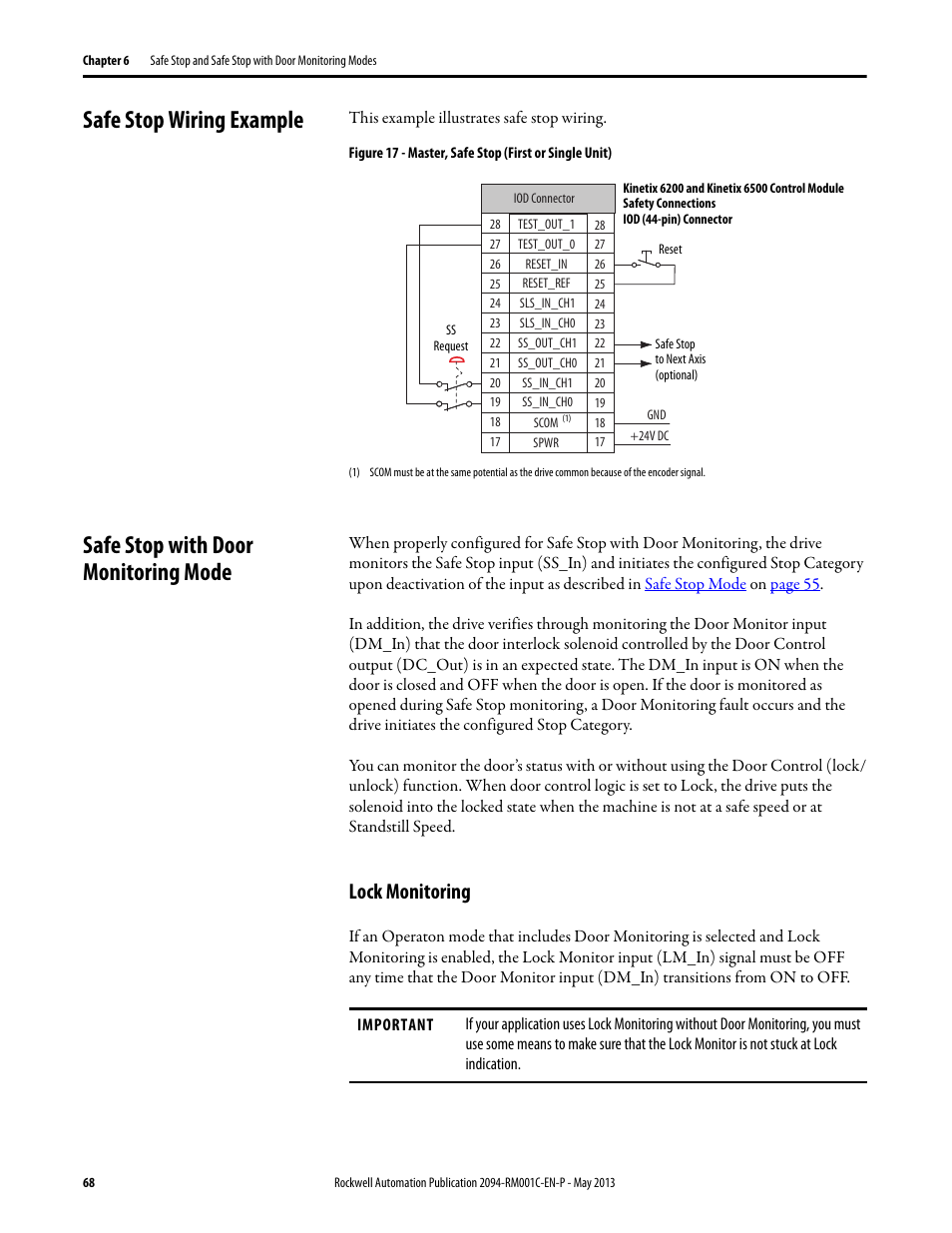 Safe stop wiring example, Safe stop with door monitoring mode, Lock monitoring | Rockwell Automation 2094-EN02D-M01-S1 Kinetix 6200 and Kinetix 6500 Safe Speed Monitoring Safety Reference Manual User Manual | Page 68 / 156