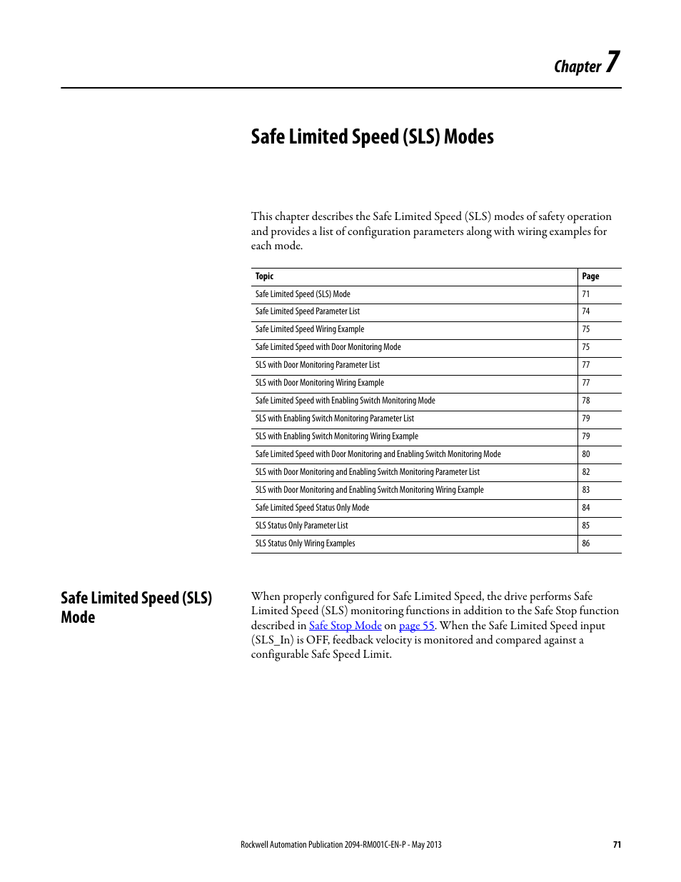 Ch 7 - safe limited speed (sls) modes, Safe limited speed (sls) mode, Chapter 7 | Safe limited speed (sls) modes, Chapter | Rockwell Automation 2094-EN02D-M01-S1 Kinetix 6200 and Kinetix 6500 Safe Speed Monitoring Safety Reference Manual User Manual | Page 71 / 156