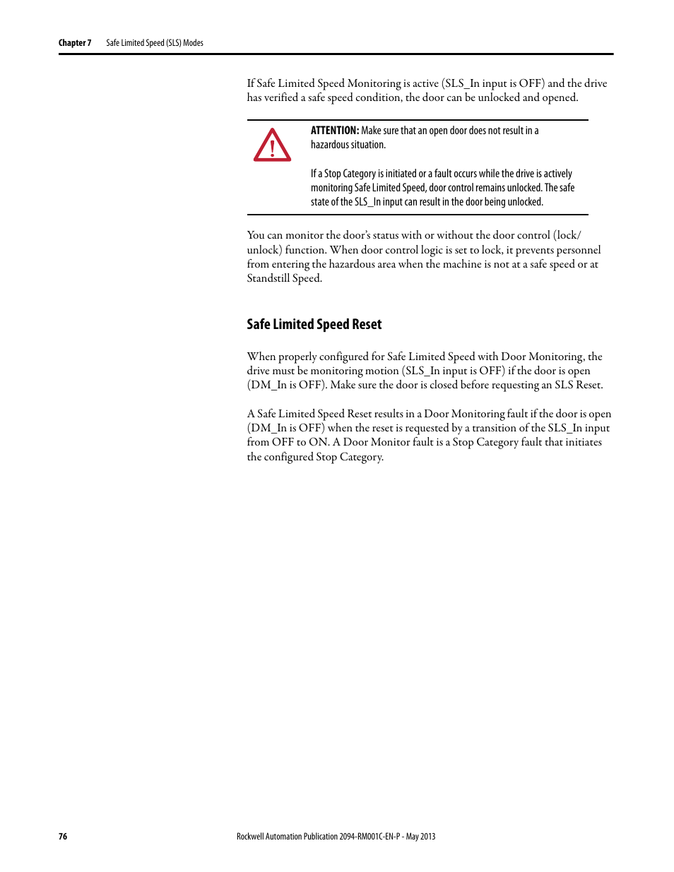 Safe limited speed reset | Rockwell Automation 2094-EN02D-M01-S1 Kinetix 6200 and Kinetix 6500 Safe Speed Monitoring Safety Reference Manual User Manual | Page 76 / 156