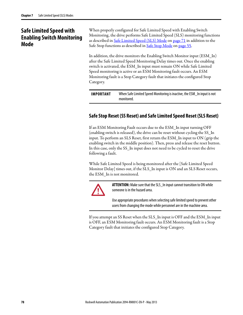 Safe, Limited speed with enabling switch monitoring mode | Rockwell Automation 2094-EN02D-M01-S1 Kinetix 6200 and Kinetix 6500 Safe Speed Monitoring Safety Reference Manual User Manual | Page 78 / 156