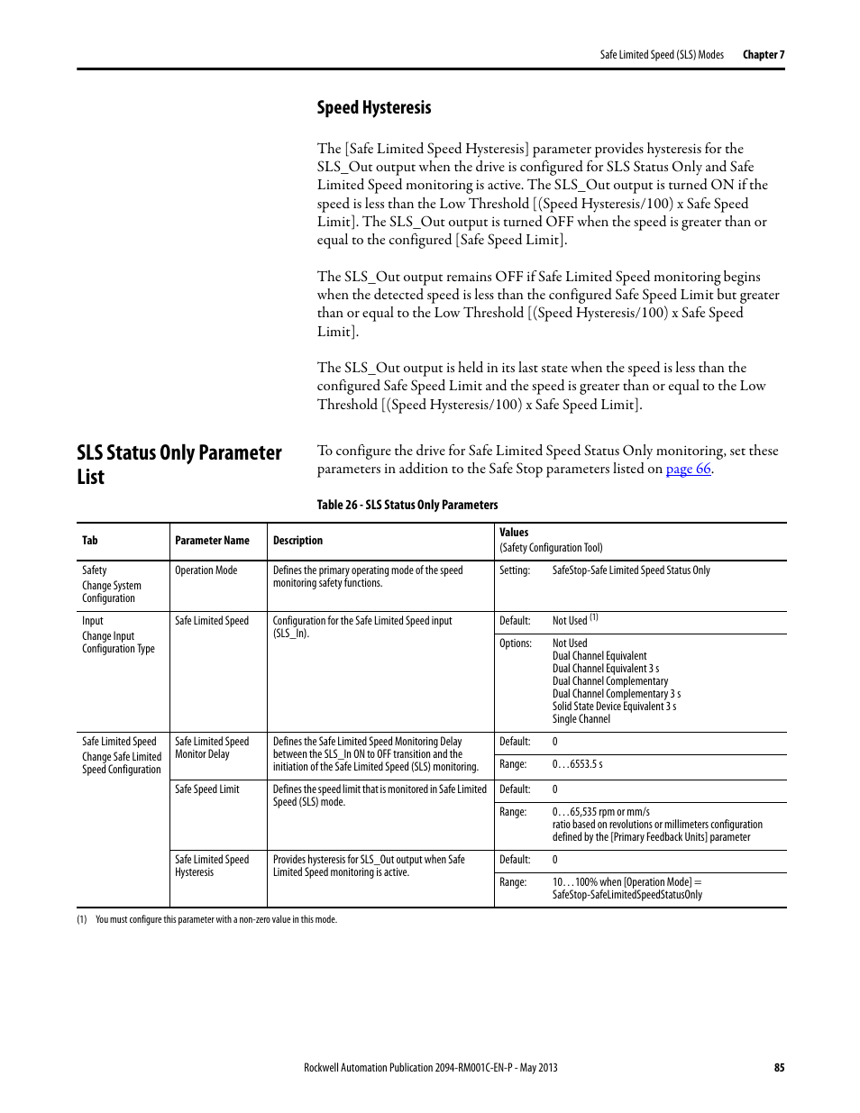 Speed hysteresis, Sls status only parameter list | Rockwell Automation 2094-EN02D-M01-S1 Kinetix 6200 and Kinetix 6500 Safe Speed Monitoring Safety Reference Manual User Manual | Page 85 / 156