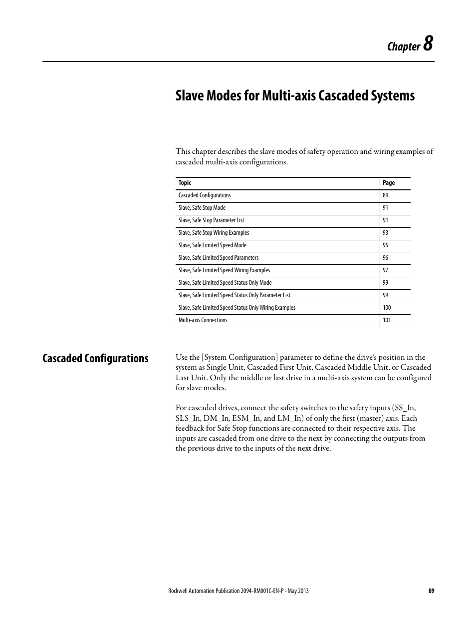 Ch 8 - slave modes for multi-axis cascaded systems, Cascaded configurations, Chapter 8 | Slave modes for multi-axis cascaded systems, Chapter | Rockwell Automation 2094-EN02D-M01-S1 Kinetix 6200 and Kinetix 6500 Safe Speed Monitoring Safety Reference Manual User Manual | Page 89 / 156