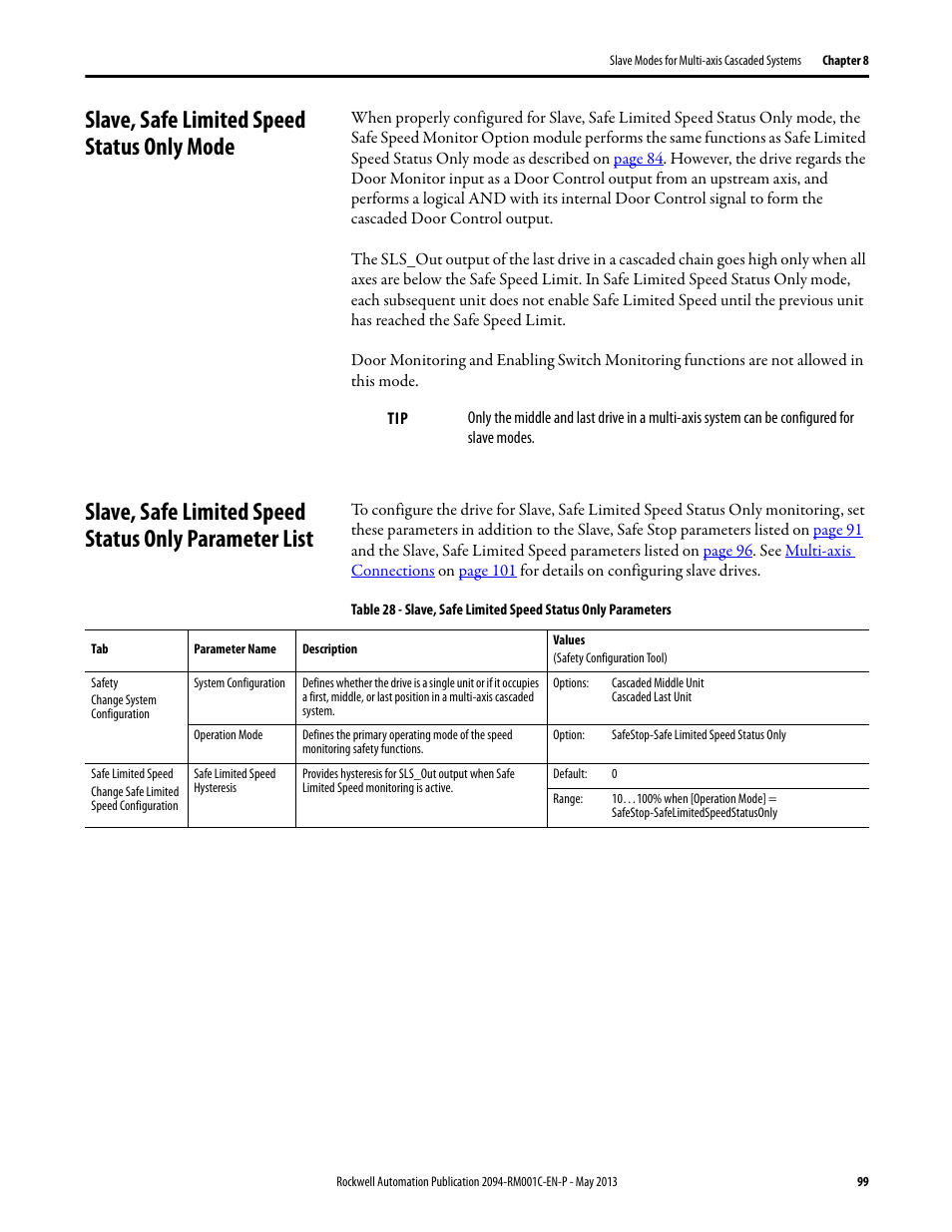 Slave, safe limited speed status only mode | Rockwell Automation 2094-EN02D-M01-S1 Kinetix 6200 and Kinetix 6500 Safe Speed Monitoring Safety Reference Manual User Manual | Page 99 / 156