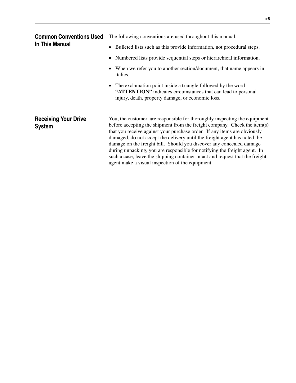 Common conventions used in this manual, Receiving your drive system | Rockwell Automation 2300 Family of Drive Systems Hardware User Manual | Page 11 / 68