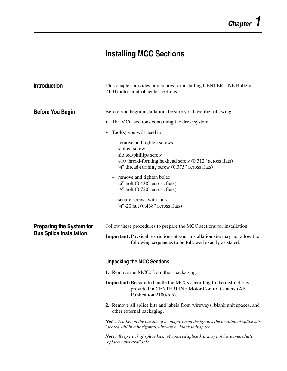 Chapter 1, Installing mcc sections, Introduction | Before you begin, Preparing the system for bus splice installation | Rockwell Automation 2300 Family of Drive Systems Hardware User Manual | Page 13 / 68