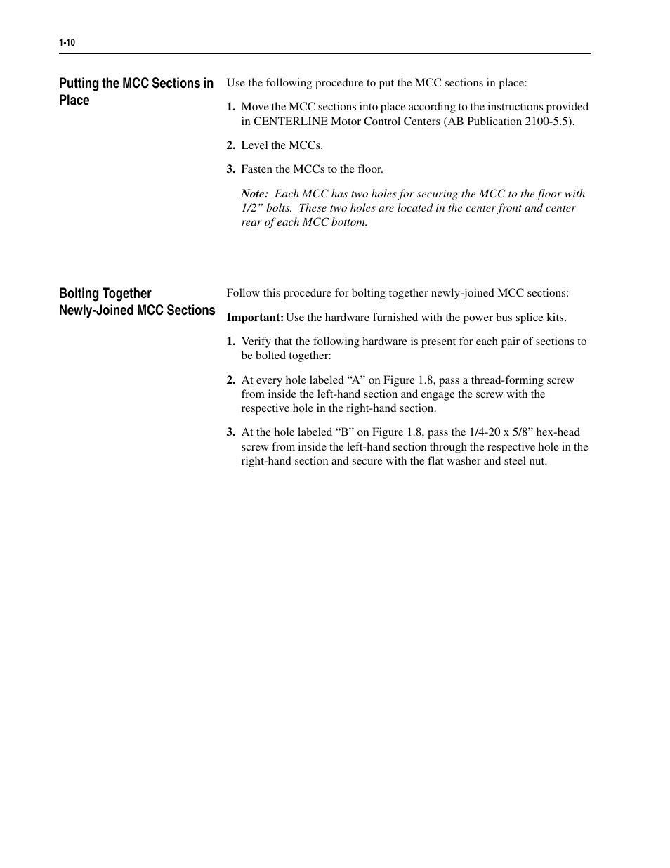 Putting the mcc sections in place, Bolting together newly-joined mcc sections | Rockwell Automation 2300 Family of Drive Systems Hardware User Manual | Page 22 / 68