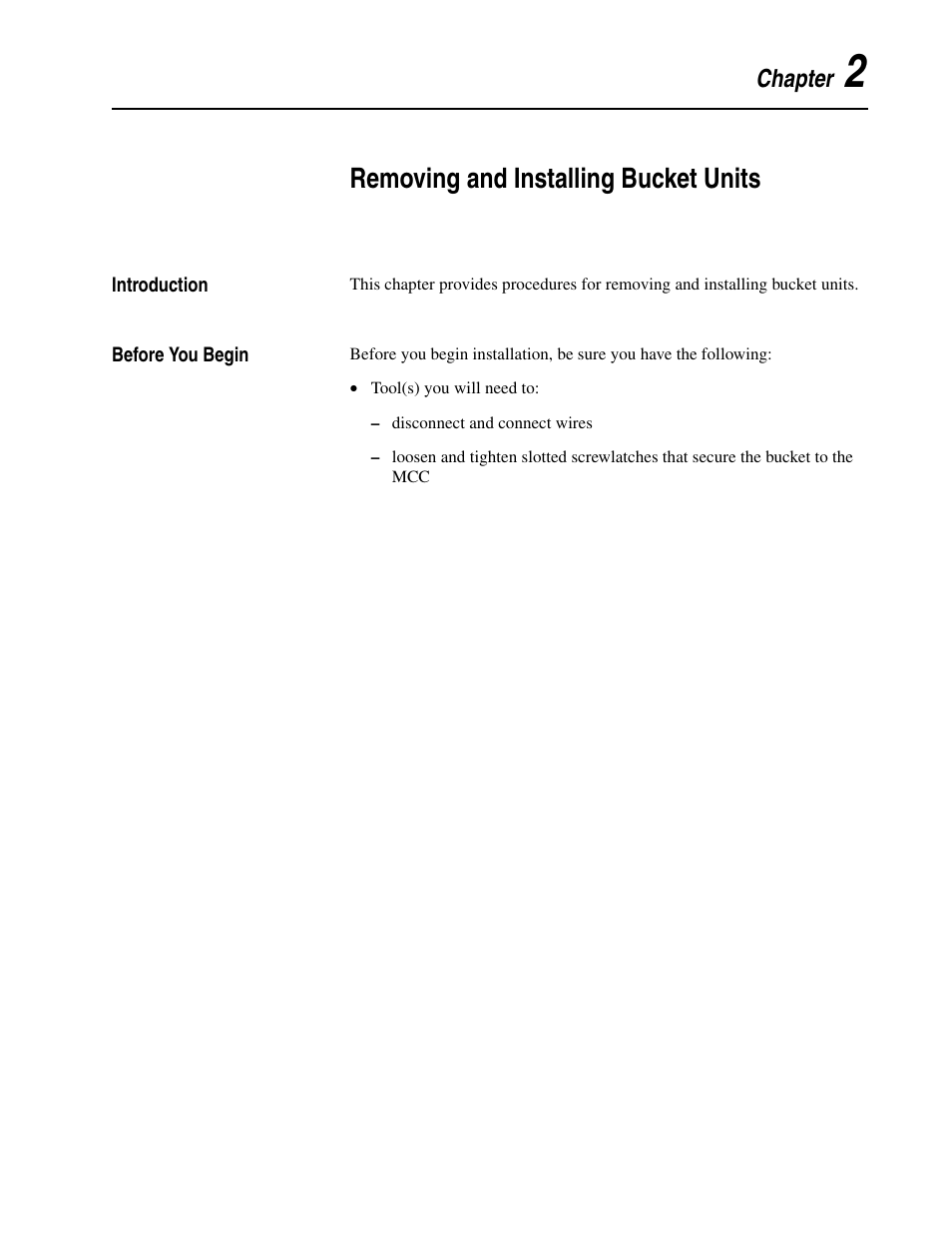 Chapter 2, Removing and installing bucket units, Introduction | Before you begin, Introduction -1 before you begin -1 | Rockwell Automation 2300 Family of Drive Systems Hardware User Manual | Page 27 / 68
