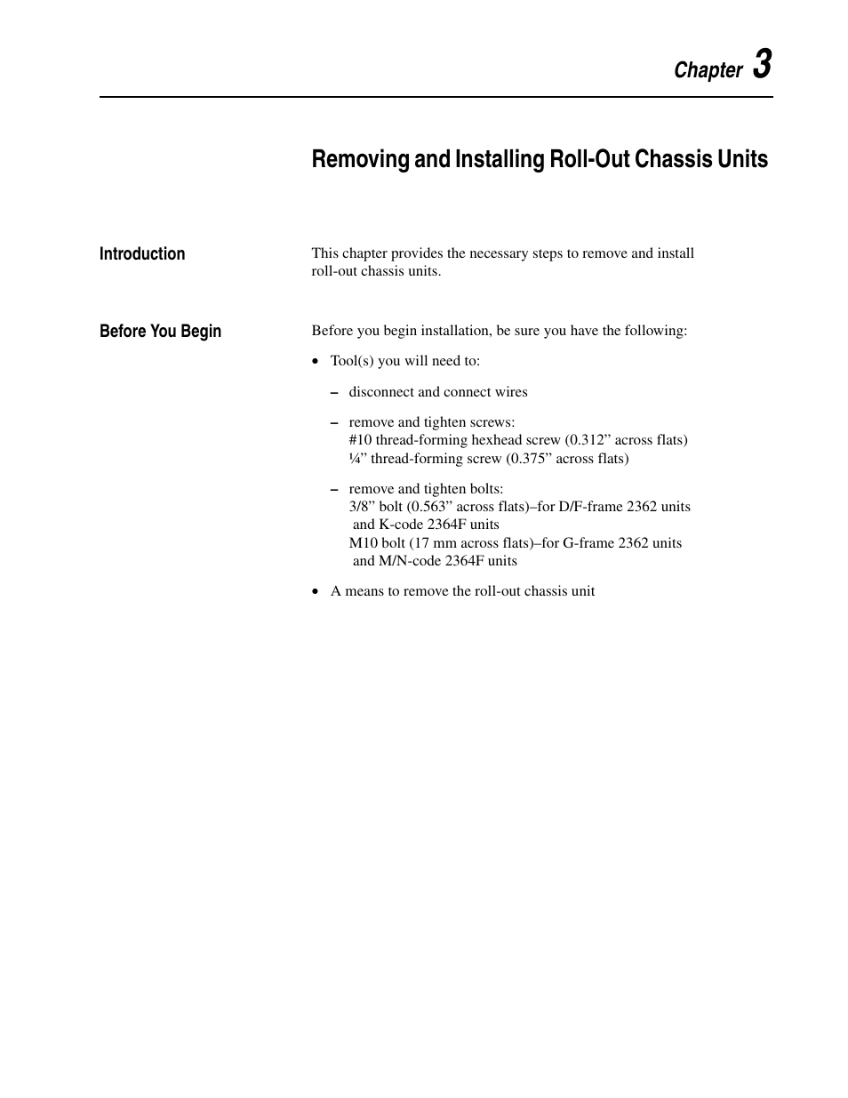 Chapter 3, Removing and installing roll-out chassis units, Introduction | Before you begin, Introduction -1 before you begin -1 | Rockwell Automation 2300 Family of Drive Systems Hardware User Manual | Page 33 / 68