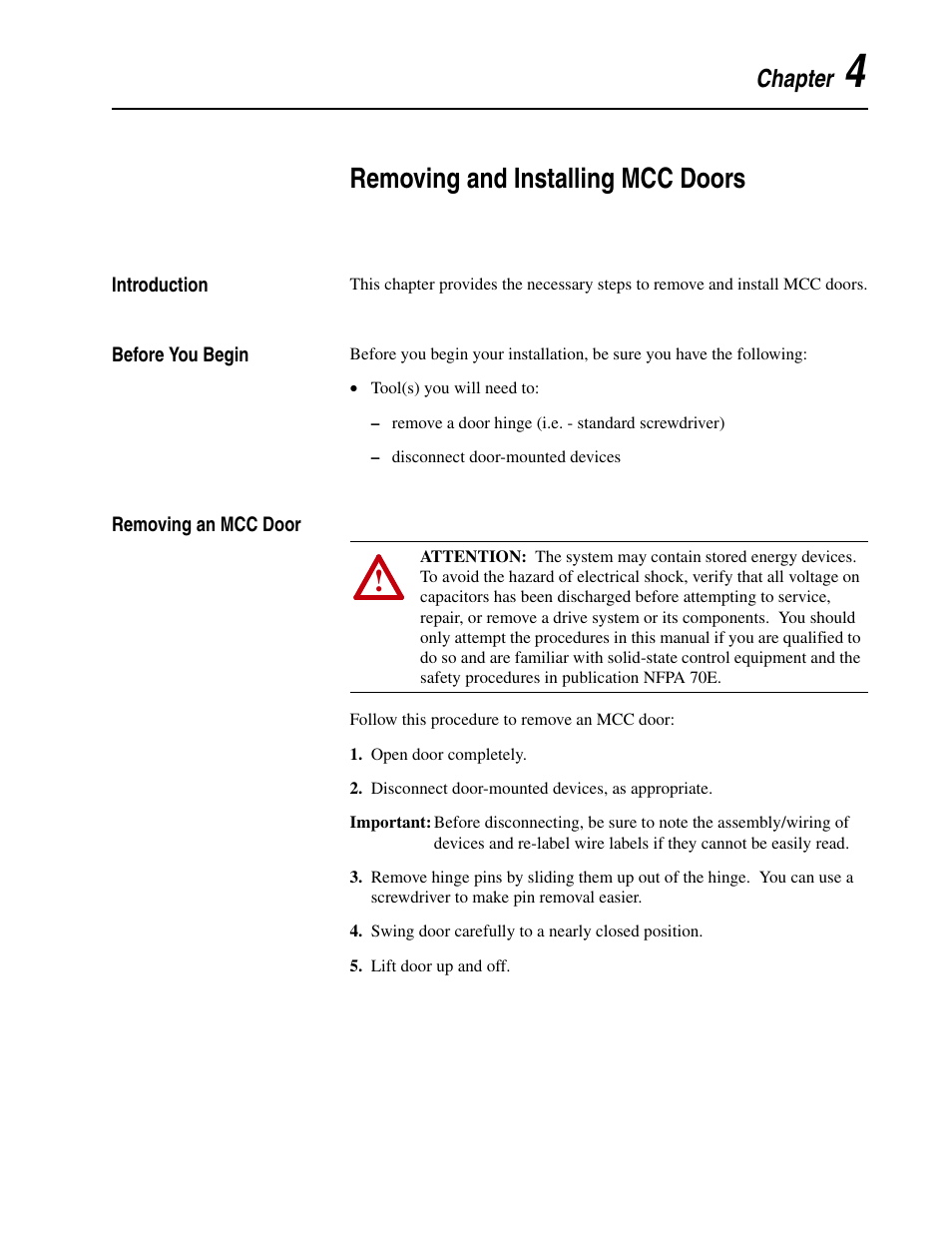 Chapter 4, Removing and installing mcc doors, Introduction | Before you begin, Removing an mcc door | Rockwell Automation 2300 Family of Drive Systems Hardware User Manual | Page 39 / 68