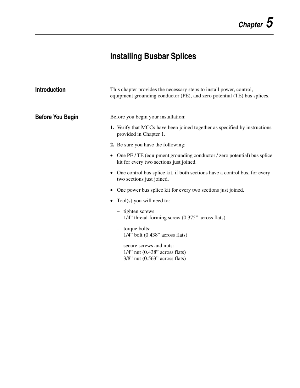 Chapter 5, Installing busbar splices, Introduction | Before you begin, Introduction -1 before you begin -1 | Rockwell Automation 2300 Family of Drive Systems Hardware User Manual | Page 41 / 68