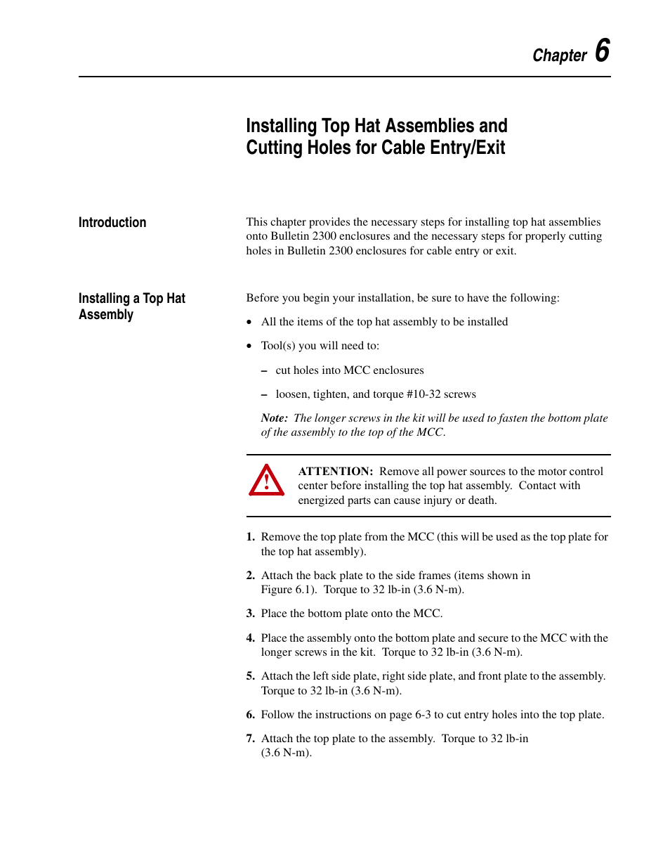 Chapter 6, Introduction, Installing a top hat assembly | Introduction -1 installing a top hat assembly -1 | Rockwell Automation 2300 Family of Drive Systems Hardware User Manual | Page 57 / 68