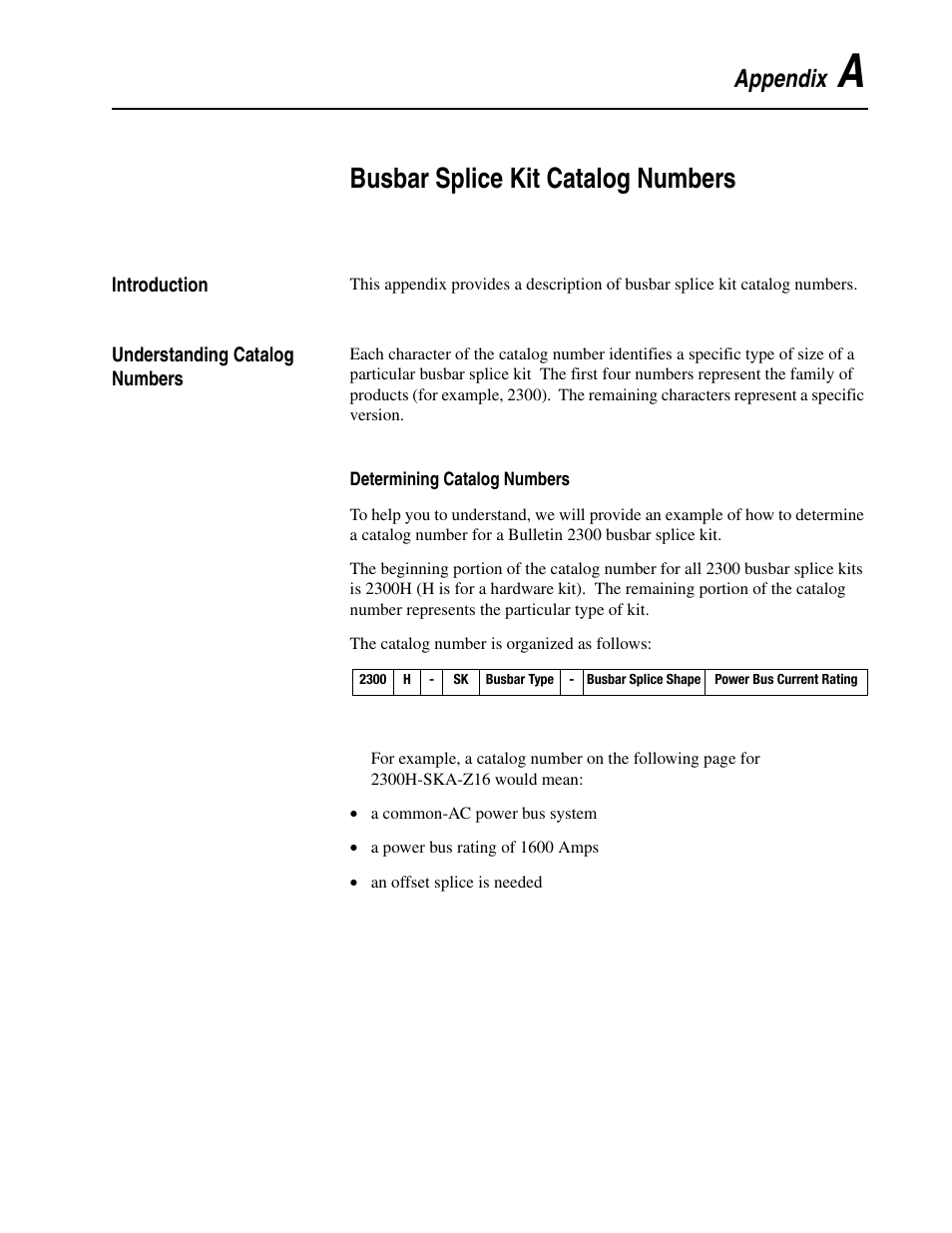 Appendix a, Busbar splice kit catalog numbers, Introduction | Understanding catalog numbers | Rockwell Automation 2300 Family of Drive Systems Hardware User Manual | Page 61 / 68