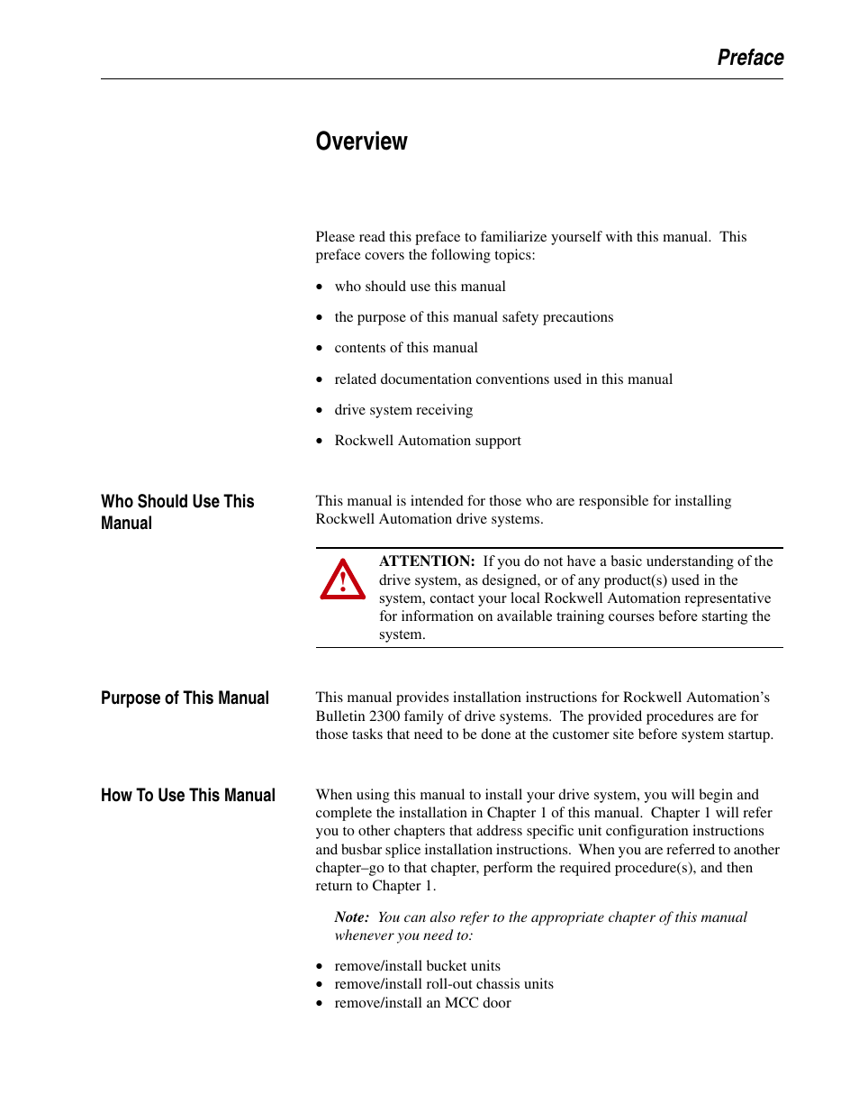 Preface, Overview, Who should use this manual | Purpose of this manual, How to use this manual | Rockwell Automation 2300 Family of Drive Systems Hardware User Manual | Page 7 / 68