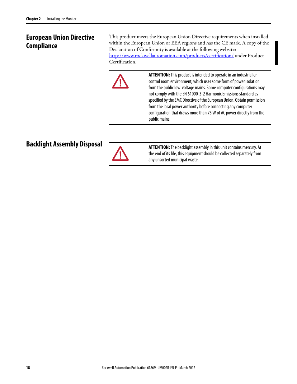 European union directive compliance, Backlight assembly disposal | Rockwell Automation 6186M-xxxx Industrial Performance Monitors User Manual User Manual | Page 18 / 64