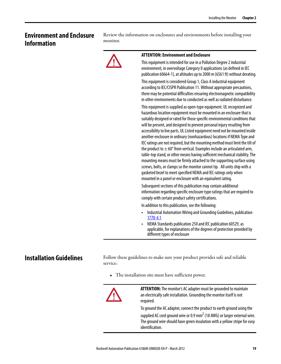 Environment and enclosure information, Installation guidelines | Rockwell Automation 6186M-xxxx Industrial Performance Monitors User Manual User Manual | Page 19 / 64