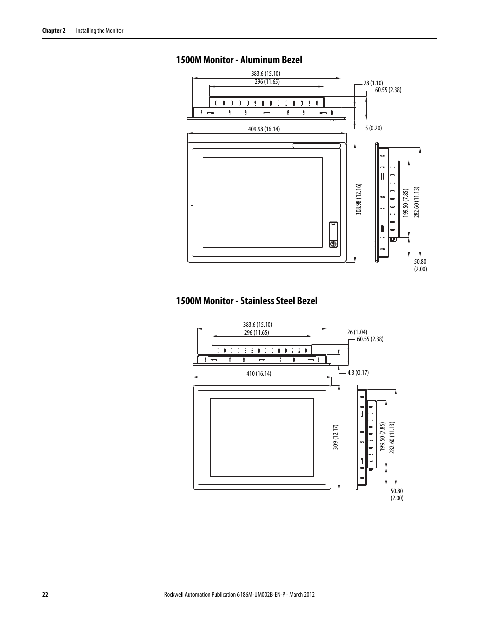 1500m-aluminum bezel, 1500m-stainless steel bezel | Rockwell Automation 6186M-xxxx Industrial Performance Monitors User Manual User Manual | Page 22 / 64