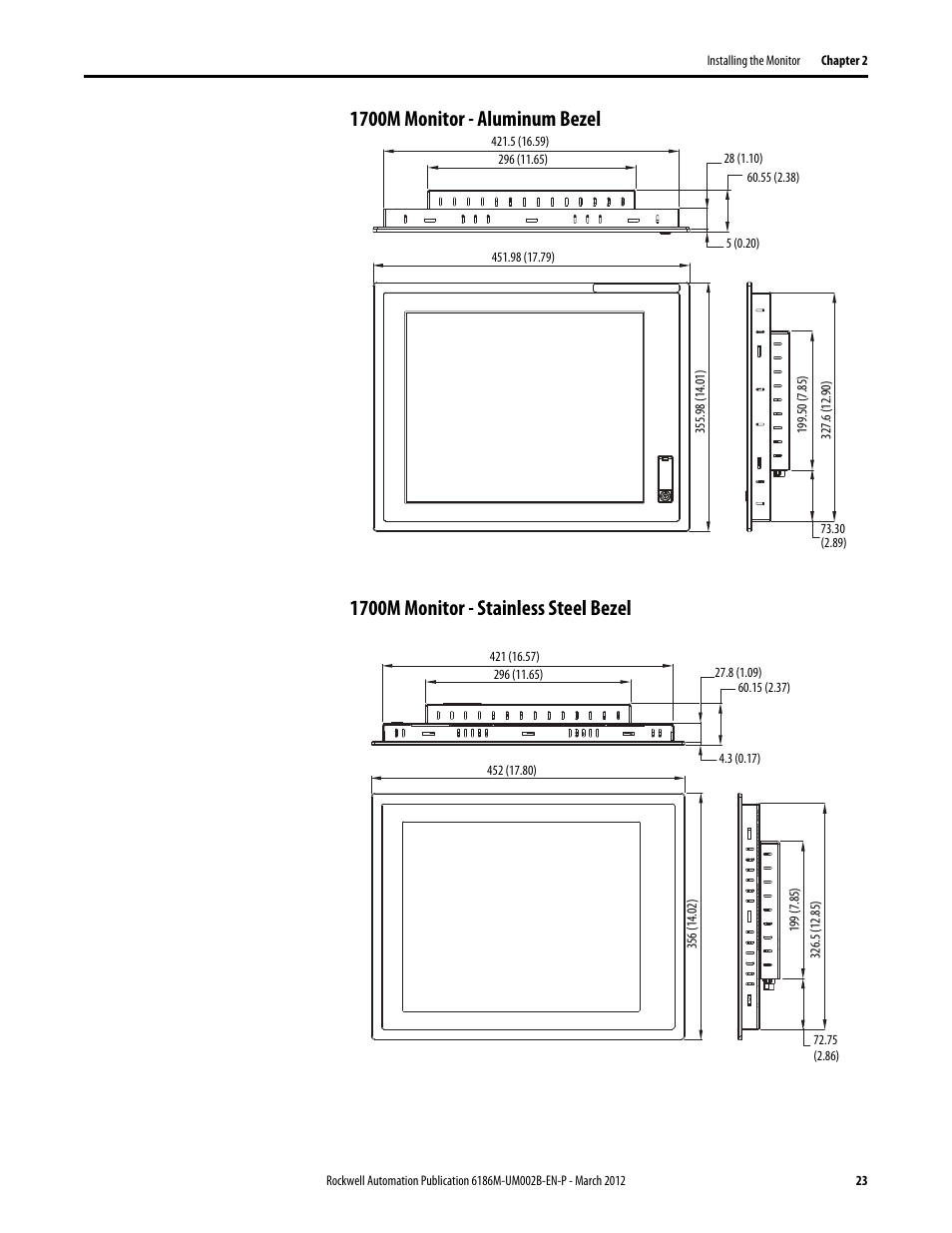 1700m-aluminum bezel, 1700m-stainless steel bezel | Rockwell Automation 6186M-xxxx Industrial Performance Monitors User Manual User Manual | Page 23 / 64