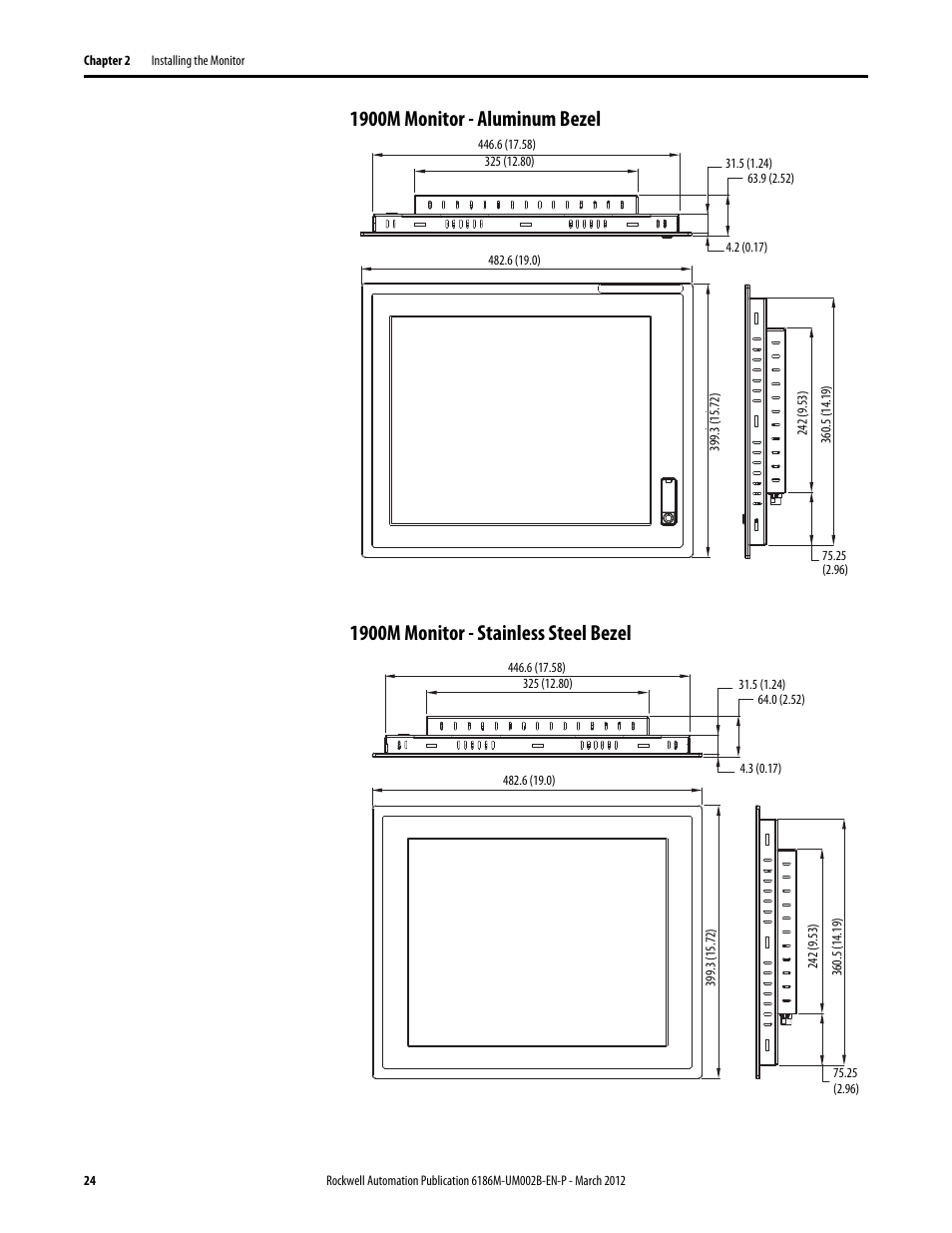1900m-aluminum bezel, 1900m-stainless steel bezel | Rockwell Automation 6186M-xxxx Industrial Performance Monitors User Manual User Manual | Page 24 / 64