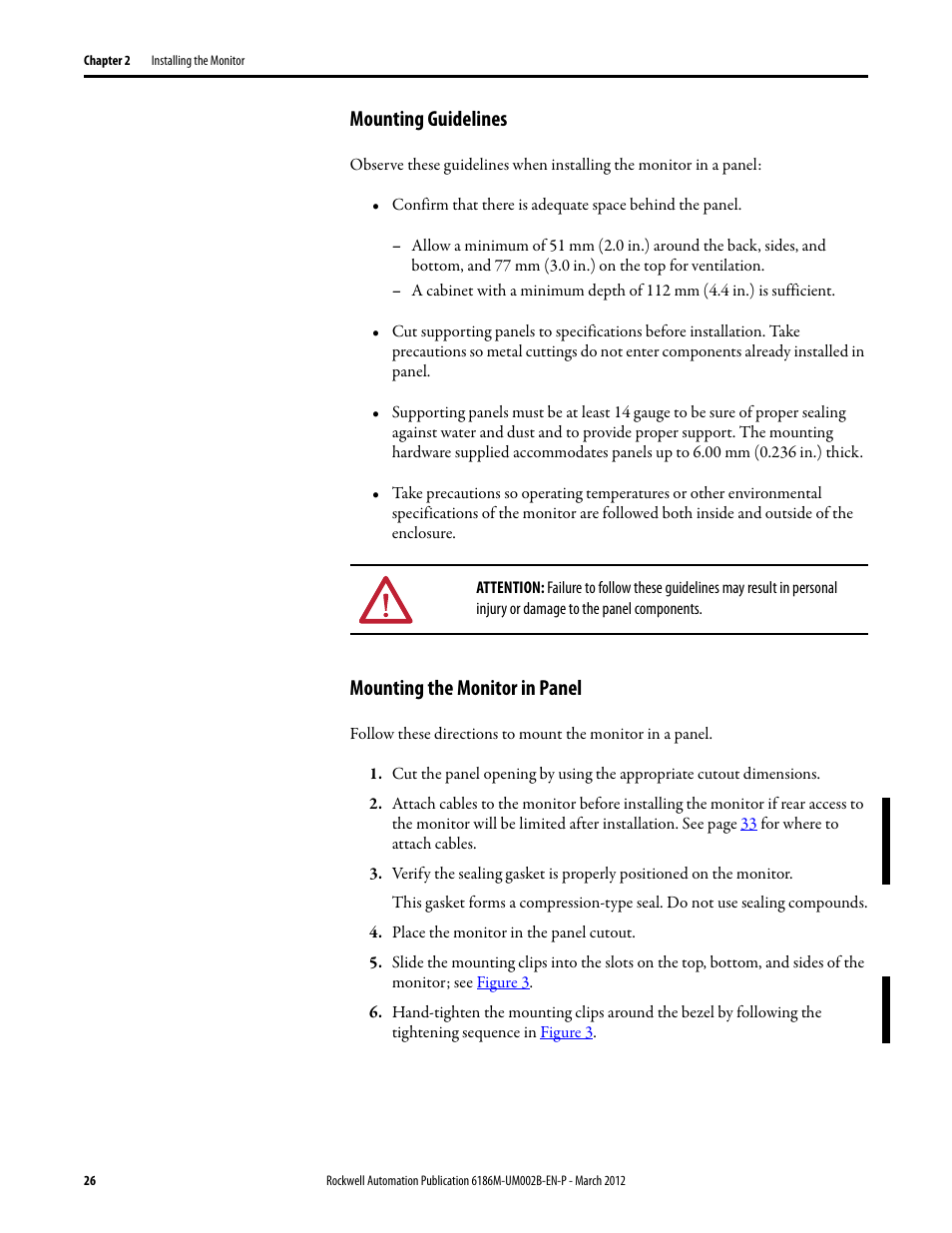 Mounting guidelines, Mounting the monitor in panel, Mounting guidelines mounting the monitor in panel | Rockwell Automation 6186M-xxxx Industrial Performance Monitors User Manual User Manual | Page 26 / 64