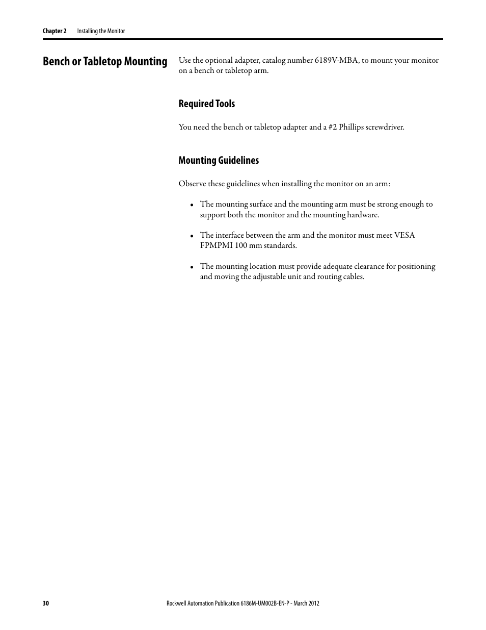 Bench or tabletop mounting, Required tools, Mounting guidelines | Required tools mounting guidelines | Rockwell Automation 6186M-xxxx Industrial Performance Monitors User Manual User Manual | Page 30 / 64