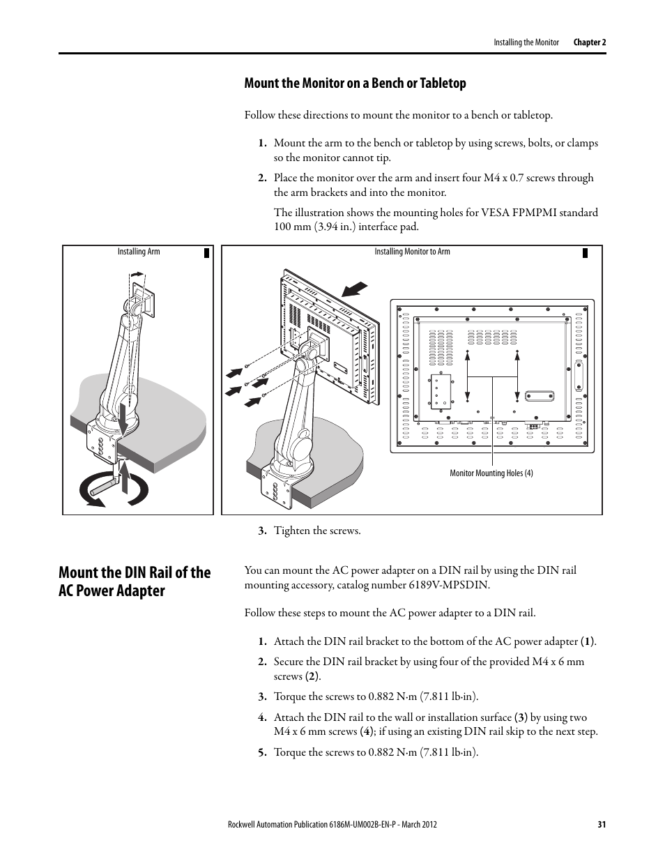 Mount the monitor on a bench or tabletop, Monitor mounting holes (4), Tighten the screws | Mount the din rail of the ac power adapter, Torque the screws to 0.882 n·m (7.811 lb·in) | Rockwell Automation 6186M-xxxx Industrial Performance Monitors User Manual User Manual | Page 31 / 64