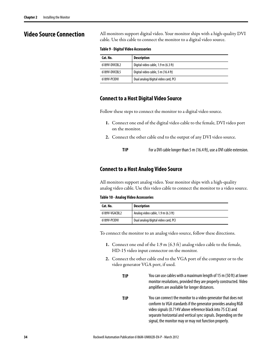 Video source connection, Table 9 - digital video accessories, Connect to a host digital video source | Connect to a host analog video source, Table 10 - analog video accessories | Rockwell Automation 6186M-xxxx Industrial Performance Monitors User Manual User Manual | Page 34 / 64