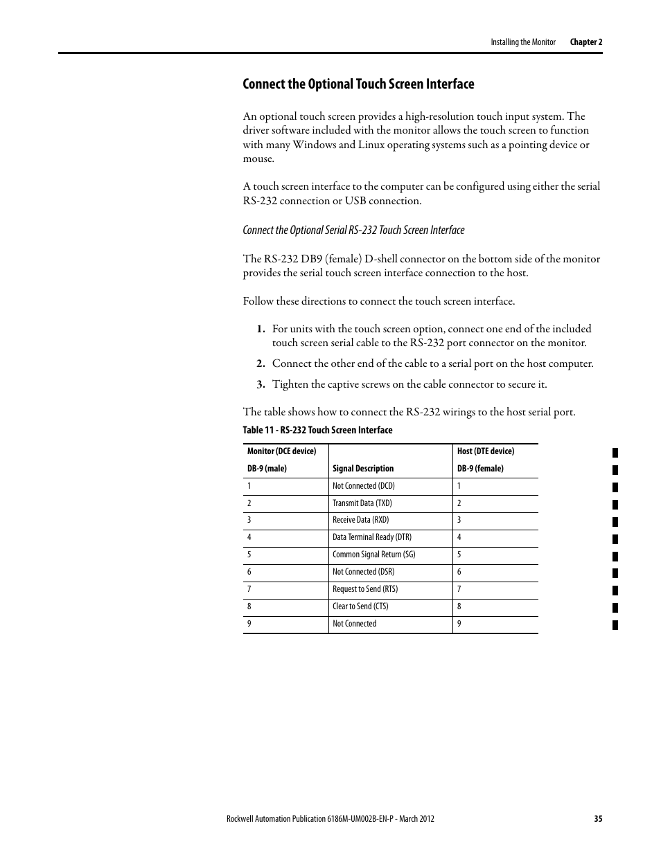 Connect the optional touch screen interface, Table 11 - rs-232 touch screen interface, Power source connection | Rockwell Automation 6186M-xxxx Industrial Performance Monitors User Manual User Manual | Page 35 / 64